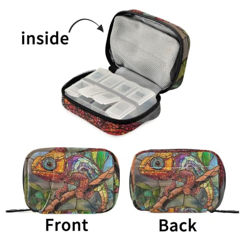 Medicine Bag Portable Pill Organizer for Purse Stained Glass Reptile | with Detachable Compartments,portable for purse
