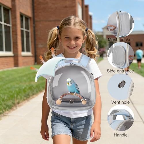 Small Bird Travel Backpack Carrier Cage, Backpack to Transport Backpack Carrier with Metal Tray Stand Perch for Parakeet Cockatiel Budgies Vet Carry Bag - color: Blue