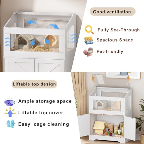 PAKASEPT Hamster Cage, Small Animal Cages with Storage Cabinet, Visual and Ventilated Large Habitats Hamster House for Rat, Guinea Pig, Hedgehog, Gerbil, White