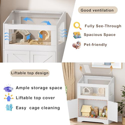PAKASEPT Hamster Cage, Small Animal Cages with Storage Cabinet, Visual and Ventilated Large Habitats Hamster House for Rat, Guinea Pig, Hedgehog, Gerbil, White