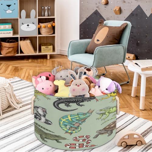 Large Storage Baskets - Reptiles Amphibians Lizards Nursery Round Collapsible Organizer Bin Box, Laundry Hamper for Kids Toys, Blanket, Bedroom Living Room Home Decor, Gift Basket, 19.4"x13.3"