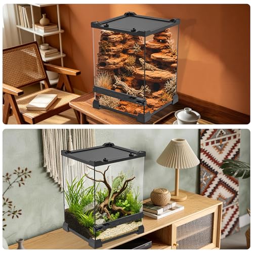 Vertical Glass Reptile Enclosure Terrarium, 10" x 10" x 14" | 6 Gallon Fully Assembly & Front Opening Habitat Tank for Crested Geckos, Tree Frogs & Small Arboreal Reptiles - size: 10" x 10" x 14"