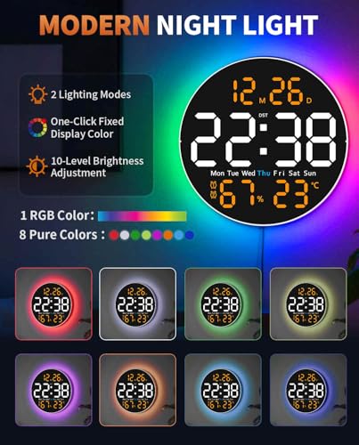 10 Inch Large Digital Wall Clock with 9 Color Changing Remote Control, Date Week Temperature, Auto Brightness Dimmer Big Clock Night Lights,Orange - color: Orange
