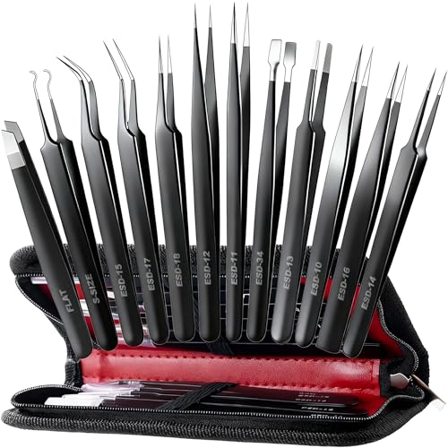 Antonki 12-in-1 Precision Metal Tweezers Set with Leather Case | High Quality, 1.5mm Thick, Strong Hardness, Rustproof, Anti-Static, Tips Cover, Complete Set, Portable Design - color: Precision Tweezers 12 Pack W/ Case - Black