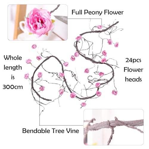 118" Fake Bendable Fall Tree Vines Hanging Peony Flower Garland | Flexible Artificial Floral realistic Twine Wood Branches Twig Reptile Climbing Faux Plant Wedding Arch Wall indoor Decoration