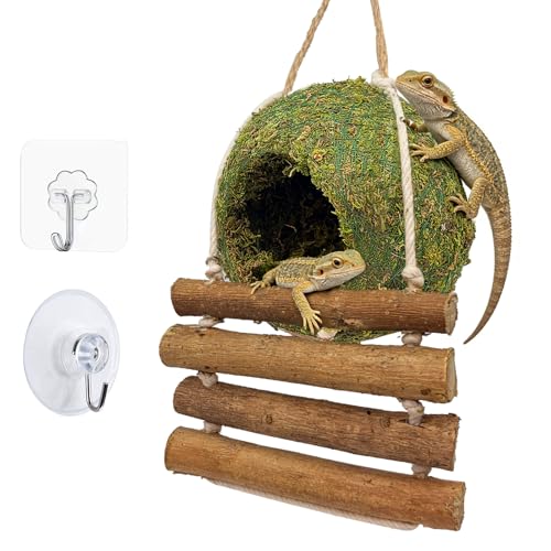 Handmade Moss Reptile Hanging Nest 4 Pcs Set, Small 4″ x 4″ | Gecko Hideout with Ladder, Terrarium Decor for Crested Gecko, Leopard Gecko, Lizard, Small Reptiles & Amphibians - size: Small 4″ x 4″