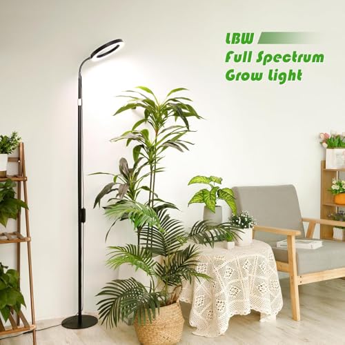 LBW Grow Light with Stand for Indoor Plants, 8" Halo Full Spectrum Grow Light, Adjustable Height up to 68", Auto Cycle Timer (4/8/12H), 6-Level Dimmable, Plant Light for Indoor Growing - size: 1 Head 8" Large Black