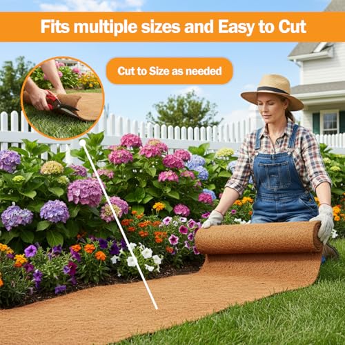 Coco Coir Mulch for Landscaping, 16x80 Inch Coconut Fiber Grass Seed Mat Roll, Coco Liners for Planters and Pet Pad, Plant Covers from Animal Dirt and Tree Protectors - size: 16*80in