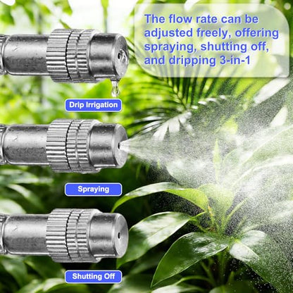 M METERXITY 1-Set Brass Misting Nozzles Tees, 20in/50cm Tube Len 3-in-1(Dripping, Spraying, Shutoff) Adjustable Copper Water Misters Sprayer for 0.31"/8mm Tubing Irrigation [Silver Tone/Black] - size: 20inch/50cm