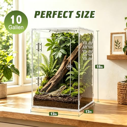 10 Gallon Acrylic Reptile Tank Enclosure,12x12x18 Fully Transparent Reptile Terrarium Acrylic Front Opening with Metal Translucent Mesh Top for Crested Gecko Lizards, Snakes, Chameleon