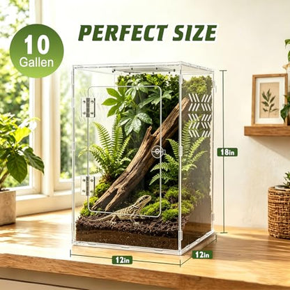 10 Gallon Acrylic Reptile Tank Enclosure,12x12x18 Fully Transparent Reptile Terrarium Acrylic Front Opening with Metal Translucent Mesh Top for Crested Gecko Lizards, Snakes, Chameleon