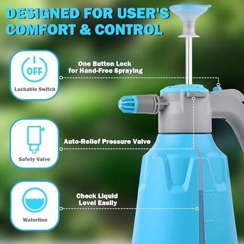 Hand Pump Sprayer 1/2 Gallon, Leak-Proof Plant Mister Spray Bottle | 2L Handheld Garden Pressure Sprayer, Lockable Spray Switch Design, Adjustable Nozzle, Extended Spray Rod, Lawn and Garden