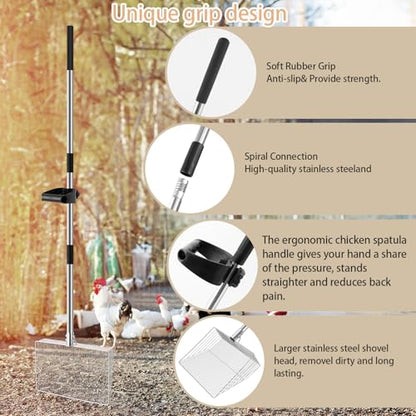 Chicken Poop Scooper with Ergonomic Grip | 15-inch Large Sifting Head, Adjustable Length 24 to 70", Stainless Steel, for Chicken Coop/Goat Stall/Stable Cleaning