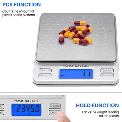 Smart Weigh Digital Pro Pocket Scale 500g x 0.01g – 6 Units: g, oz, gn, ozt, DWT, ct – High Precision for Kitchen, Herbs & Jewelry – Includes Hold/Counting, 2 Trays & Batteries - size: 500 Grams