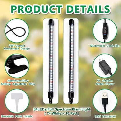 Full Spectrum 84 LED Grow Light for Indoor Plants, 6500K Timer 3 Modes | Clip-on design, UL adapter included, 8.2ft long cord, 10 dimmable levels, timer settings 4/8/12/18H, indoor plant growing