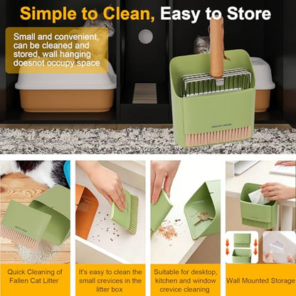 Cat Litter Scoop with Holder, Heavy Duty Stainless Steel Kitty Scooper | with Coarse and Fine Mesh, Includes Broom and Dustpan Set, Quick Sift and Easy Clean, Green - color: Green
