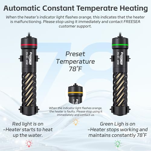 FREESEA Aquarium Heater for Fish Tank: 25W Small Submersible Thermostat with Off-Water Protection & UL Certified Cord for 1-5 Gallon Fish Turtle Tanks Enthusiasts