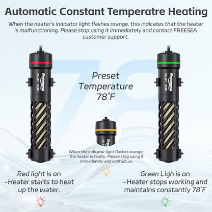 FREESEA Aquarium Heater for Fish Tank: 25W Small Submersible Thermostat with Off-Water Protection & UL Certified Cord for 1-5 Gallon Fish Turtle Tanks Enthusiasts