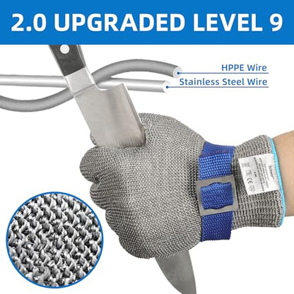 Schwer ANSI A9 Cut Resistant Glove, Food Grade Stainless Steel wire Mesh Metal Gloves, Knife Cutting Gloves for kitchen Mandoline Slicing Butcher Meat Cutting Oyster Shucking Fish Fillet（S, 1 PCS） - size: Small (Pack of 1), style: 2.0 Steel Wire+hppe