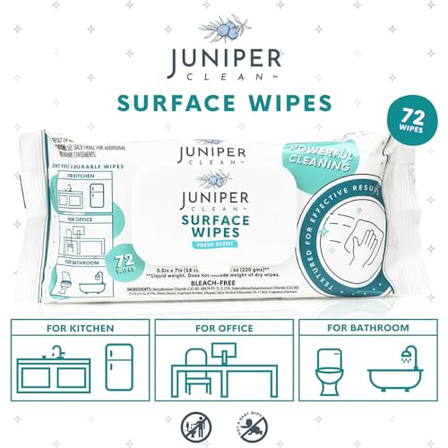 Juniper CLEAN 3 Pack Surface Cleaning Wipes Bleach Free, All-Purpose Cleaner for Bathroom, Kitchen, Office, 72 Count Soft Flow, Fresh Scent, Lint Free & Durable - size: 72 Count (Pack of 3)