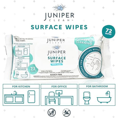 Juniper CLEAN 6 Pack Surface Cleaning Wipes Bleach Free, All-Purpose Cleaner for Bathroom, Kitchen, Office, 72 Count Soft Flow, Fresh Scent, Lint Free & Durable - size: 72 Count (Pack of 6)