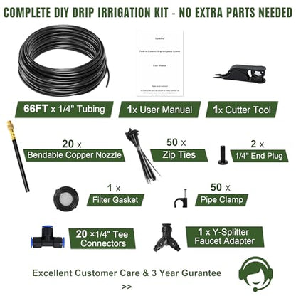 66FT Drip Irrigation System Kit Dual-Zone Garden Atomizing Watering System with 20 Copper 360° Adjustable Bendable Nozzles, Y-Splitter, Leak-Proof 1/4" Misting System for Garden Greenhouse Raised Beds - size: 66FT