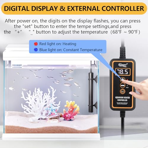 hygger Mini Submersible Aquarium Heater, Turtle and Betta Fish Tank Heater with Digital Display External Controller Freshwater