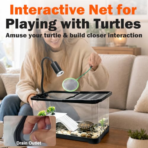 Turtle Aquarium with Lamp, High Transparent with Drain Hole & Protective Top, All-in-one Reptile Terrarium Kit with Basking Light, Hideout & Multi-Area Habitat for Small Tortoise Amphibian
