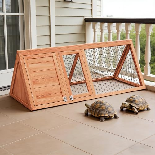 Large Tortoise Habitat Enclosure Indoor Outdoor Wooden A-Frame Turtle Hidden House with Ventilating Wire Fence Reptile Lounge Cage for Small Animals (Brown) - color: Brown