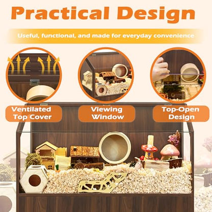 PROLEE Hamster Cage with Storage Cabinet,Large Hamster Encloure Chew Proof Wood,Clear View Hamster Habitat for Guinea Pig, Ferret, Rat, Hedgehog，47“ X 40” X 20“ (Walnut) - color: Walnut