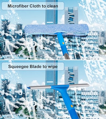 Window Squeegee Cleaner with 4 Stainless Steel Extension Poles,Long Reach to 58inch, Scrubber, Glass Scraper, Bendable Duster, 2 Scrubber Cloth for Window, Car, Professional Cleaning Kit - color: Silver
