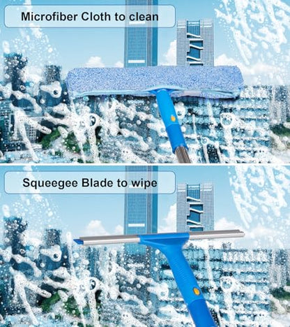 Window Squeegee Cleaner with 4 Stainless Steel Extension Poles,Long Reach to 58inch, Scrubber, Glass Scraper, Bendable Duster, 2 Scrubber Cloth for Window, Car, Professional Cleaning Kit - color: Silver