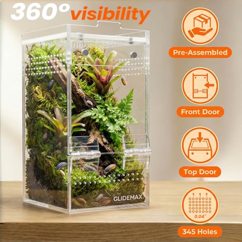 Jumping Spider Enclosure - 3x3x6 Acrylic Tarantula Enclosure Reptile Habitat with Front & Top Magnetic Doors, 0.04" Ventilation Holes Pre-Assembled Terrarium for Spiders, Mantis, Snails, Lizards - size: 3x3x6inch