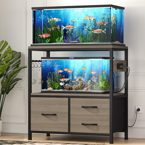 Heybly 20-29 Gal Fish Tank Stand with Drawer, Power Outlet,330lbs HAS001SG | Aquarium Stand,Heavy Duty Metal Frame for Fish Tank, Turtle & Reptile Terrarium, 31.5" x 15.7" Top, Rustic Gray - color: Greige, size: 20-29 gal