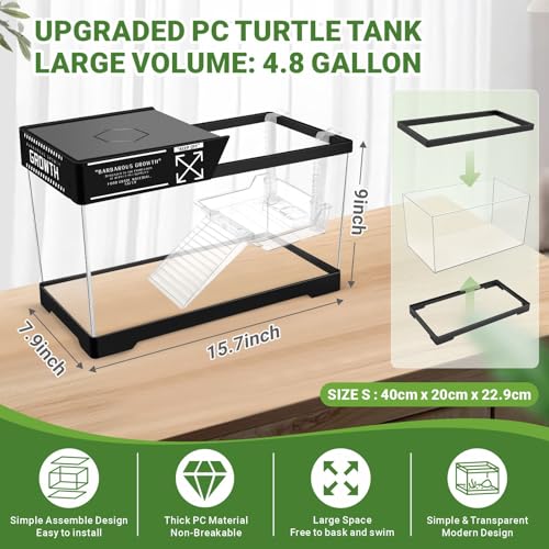 GOZILLA Aquatic Turtle Tank Kit+Lamp+Filter, Upgrade PC Turtle Tank Starter Kit with Adjustable Lamp & Filter,Reptile Habitat with Lid,Hanging Platform for Small Reptiles.(15.75×7.9×9''/Black Kit) - color: Medium-Black-KIT