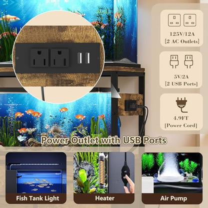 Heybly 20-29Gal Fish Tank Stand with Drawer, Power Outlet,330lbs HAS001SR-1 | Aquarium Stand,Heavy Duty Metal Frame for Fish Tank, Turtle & Reptile Terrarium, 31.5" x 15.7" Top, Rustic Brown - color: Rustic Brown, size: 20-29 gal