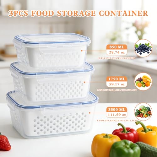 Fruit Storage Containers for Fridge, 4 in 1 Food Storage Container, Produce Storage Containers with Lid and Strainer, Including Drain Basket, Multipurpose Large Fruit Containers for Fridge-3PCS White