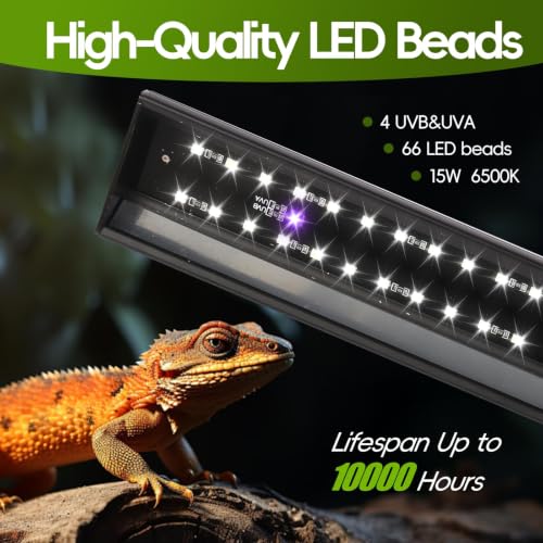 16-Inch UVB Reptile Light, Dimmable UVA UVB Lamp with Timer | 15W 6500K, 4 UVI Modes, Aluminum Fixture, For Turtles, Snakes, Turtle, Bearded Dragons