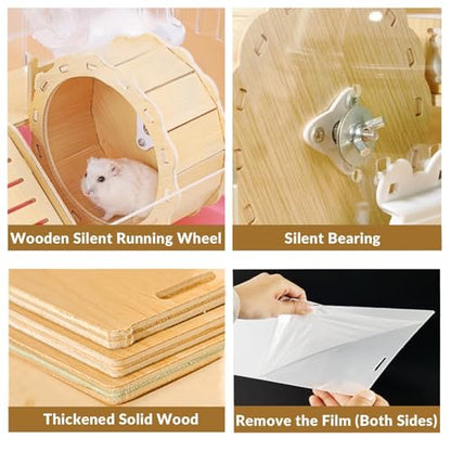 Cycodo 8 in 1 Acrylic Hamster Cage,2-Tier Dwarf Hamster Cage with Wooden Wheel & Hideout,Small Hamster Habitat with Accessories,Clear Pet Mice House(Pink,14" L*10" W*11" H) - color: Pink