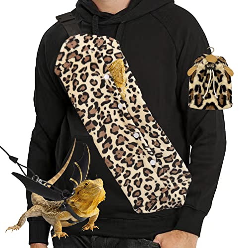 Bearded Dragon Leash and Harness Set, Beardie Carrier, Lizard Adjustable Harness with Leather Wings and Sling Bag, Reptile Small Pet Backpack Batwing Accessories (Leopard Pattern) - color: Leopard Pattern