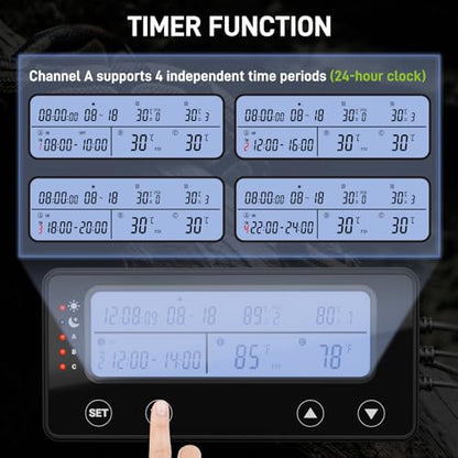 Reptile Temperature Controller with Timer, PID Reptile Digital Thermostat, 3-Channel Thermometer Hygrometer w/Memory, 2 IN 1 Day Night Temperature Humidity Gauge for Heat Lamp Heat Mat Fogger