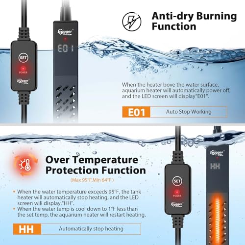 hygger Upgrade Ceramic Aquarium Heater, 100W Digital Fish Tank Heater with Automatic Power-Off and Over-Temperature Protection, Energy Saving Submersible Aquarium Heater for Freshwater and Saltwater - size: 100W