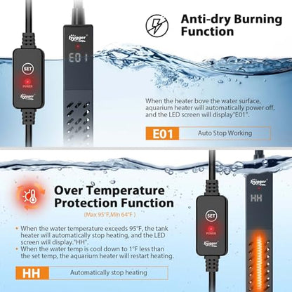 hygger Upgrade Ceramic Aquarium Heater, 100W Digital Fish Tank Heater with Automatic Power-Off and Over-Temperature Protection, Energy Saving Submersible Aquarium Heater for Freshwater and Saltwater - size: 100W