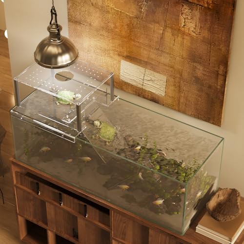Dethan Acrylic Turtle Topper Basking Platform for 40 Breeder & 75 Gallon Tanks, Above-Tank Aquatic Turtle Dock with Ramp, Stable Terrace Bask Area for Aquatic Reptiles & Tortoises, Transparent