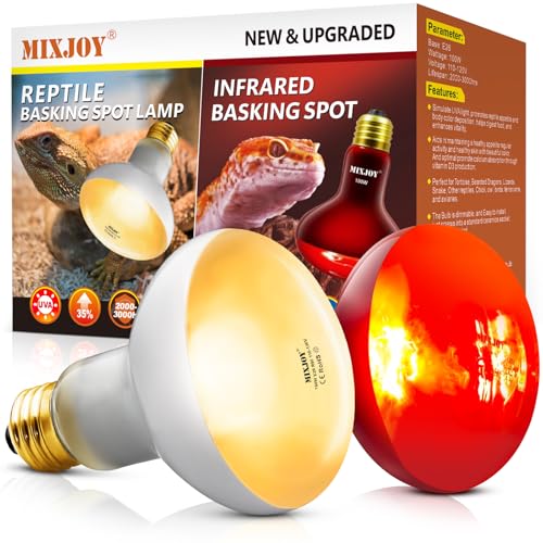 MIXJOY 100W Reptile Heat Lamp Bulb Combo, 2PCS Day & Night Reptile Heat Bulbs, UVA Daylight Intense Heat Basking Bulb Infrared Heat Light Bulb for Reptiles, Lizard, Tortoise, Bearded Dragon Chickens - style: 100W Day&Night Bulbs