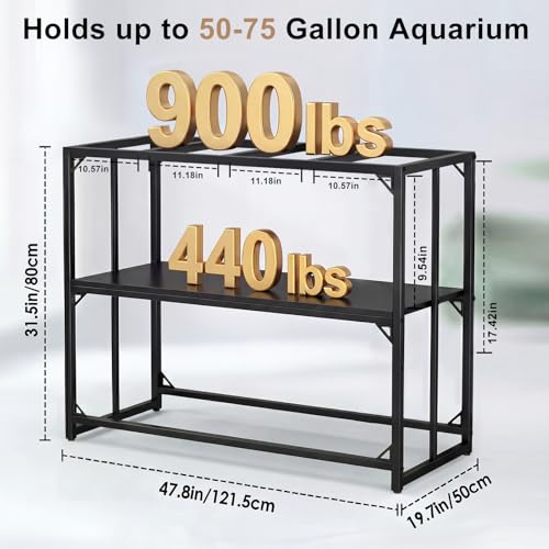 Fish Tank Stand, 50-75 Gallon Heavy Duty Metal Aquarium Stands, Reptile Tank, Turtle Tank, Breeder Tank Stand, 900LBS Capacity Terrarium Stand Rack with 2-Tier Storage Shelves (47.8"x19.7"x31.5") - color: Black, size: (50 Gallon)47.8"x19.7"