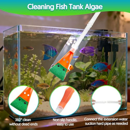 Fish Tank Cleaner Gravel Vacuum for Aquarium | Aquarium Siphon, Water Changer, Double Sided Sponge Brush Algae Scraper, Fish Tank Cleaning Kit, Gravel & Sand Cleaning - color: Orange