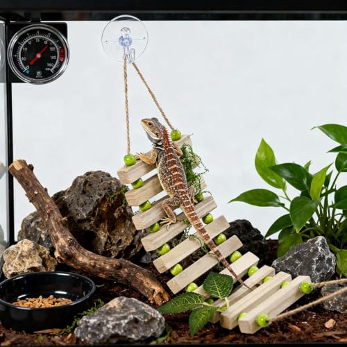 Handmade Wooden Bearded Dragon Climbing Ladder with Artificial Leaves and Moss Leopard Gecko Tank Accessories Bearded Dragon Tank Accessories Hanging Flexible Swing (Green)