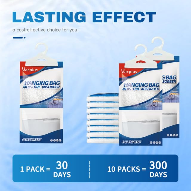 Vacplus Moisture Absorber, 10Pack Hanging, Strong Absorption, Unscented | Closet, Enclosed Spaces, Bathroom, Odor Eliminator, Dehumidifier Bags, 9.8 OZ - size: 10 pack