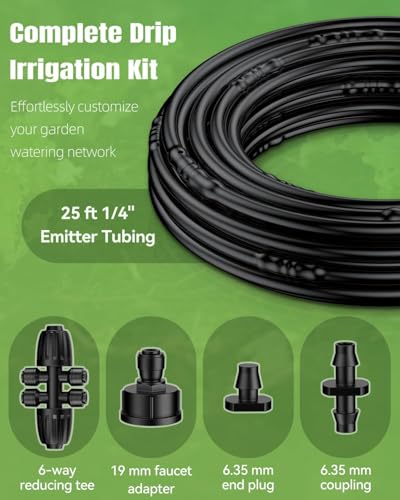 Pawfly 25 ft 1/4 Drip Irrigation Tubing, 1/4" Emitter Tubing with 6" Spacing, Polyethylene Drip Line with 12 Parts, Black Distribution Tubing for Drip Irrigation System, Drip Irrigation Hose Roll - size: 25 FT Kit with Emitters Drip Irrigation Tubing
